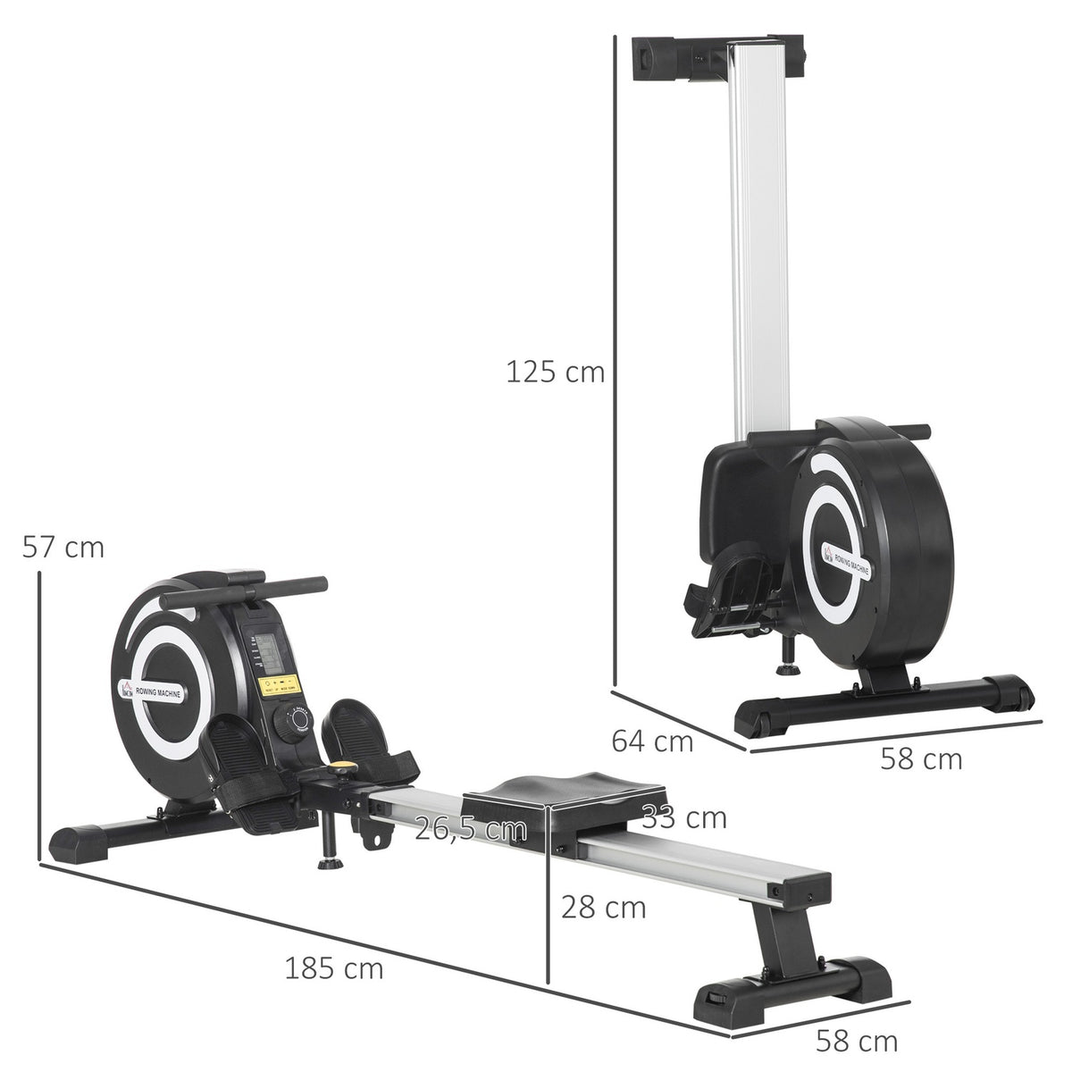 Rowing machine for home, folding rowing machine with 8 levels magnetic brake system, LCD display, for full body training, aluminum, black