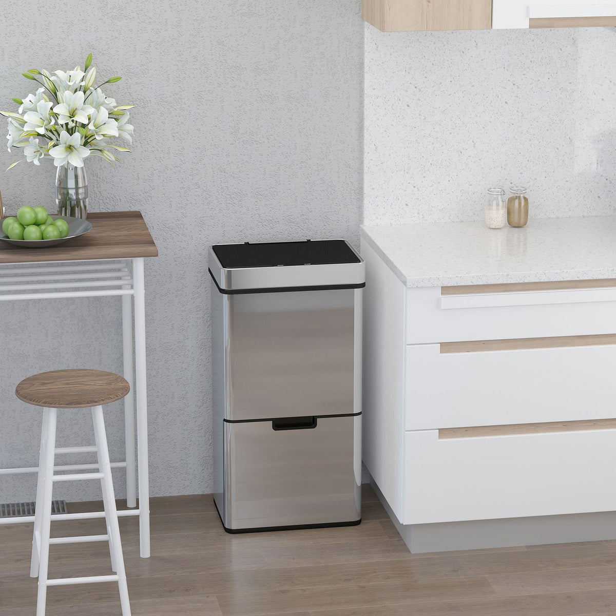 Rubbish Bin 72L Waste Bin With Sensor, Waste Separation System 3 Compartments, Stainless Steel, Silver, 42X30X81 Cm