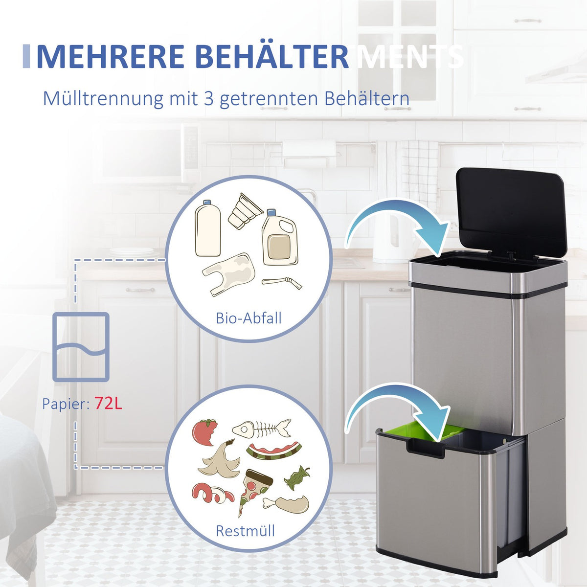 Rubbish Bin 72L Waste Bin With Sensor, Waste Separation System 3 Compartments, Stainless Steel, Silver, 42X30X81 Cm