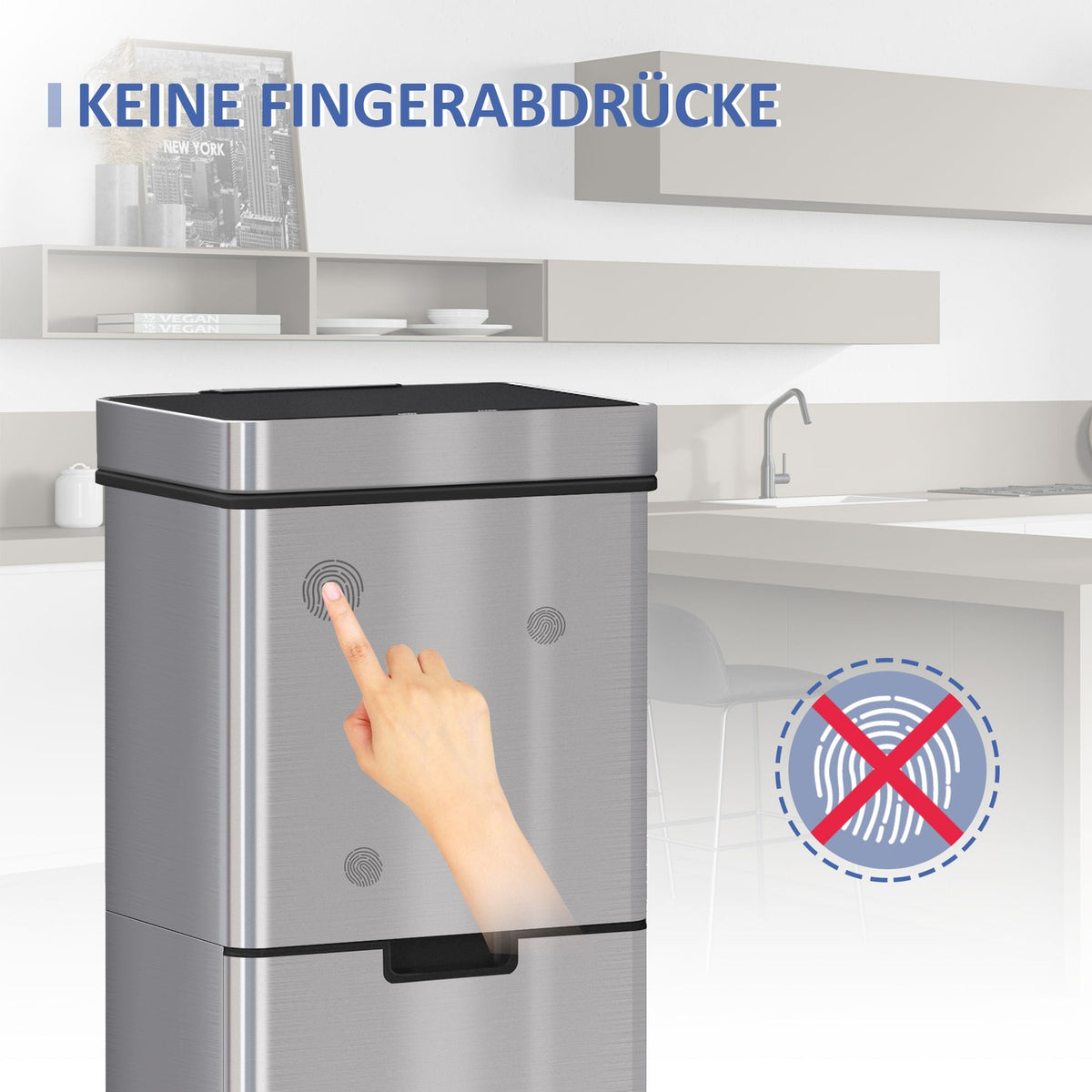 Rubbish Bin 72L Waste Bin With Sensor, Waste Separation System 3 Compartments, Stainless Steel, Silver, 42X30X81 Cm