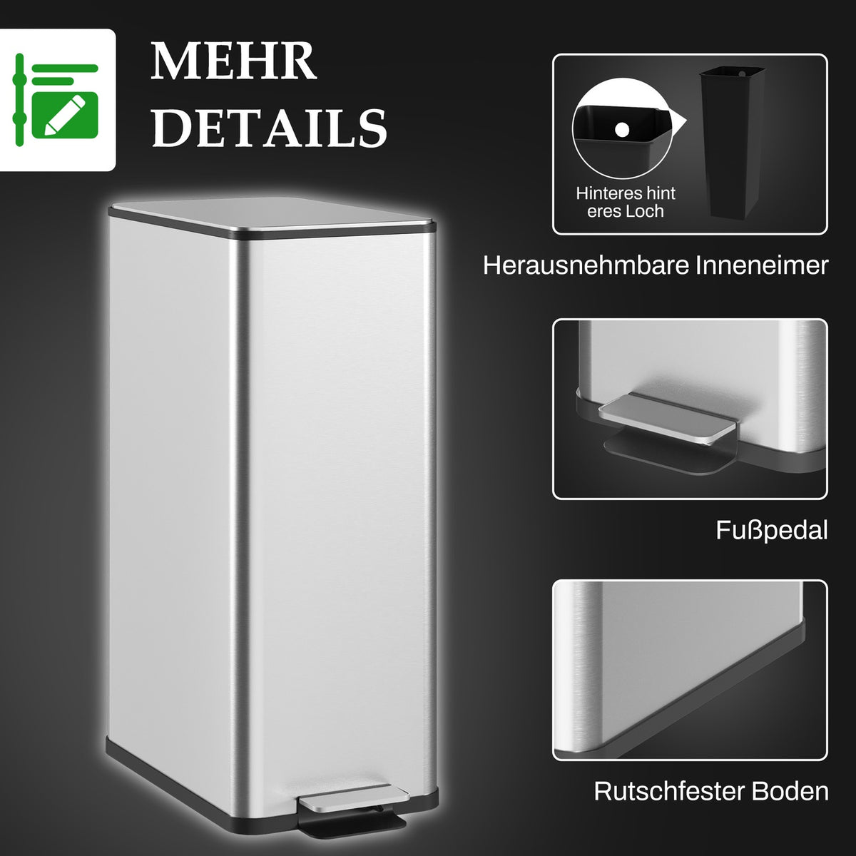 Rubbish bin 20L pedal bin stainless steel with lid and foot pedal, cosmetic bin with inner bin for living room and office, 21.5 x 37.2 x 57 cm