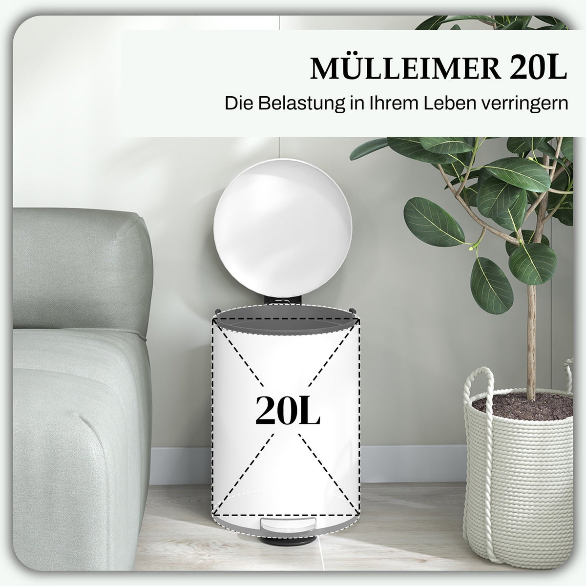 Rubbish bin 20L pedal bin with lid and foot pedal, cosmetic bin made of metal, rubbish bin with inner bin for living room and office, 36 x 30 x 44.5 cm