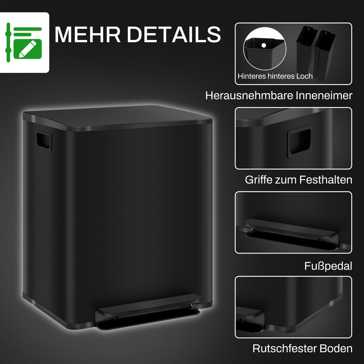 Rubbish bin 2x25L pedal bin stainless steel with lid and foot pedal, cosmetic bin with inner bin for living room and office, 47.7x37.5x56cm