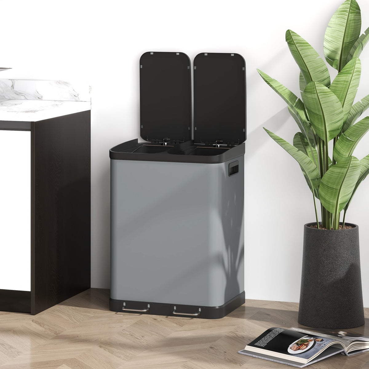 Rubbish bin 2x30L pedal bin cosmetic bin with lid and foot pedal, metal rubbish bin with inner bin for living room and office, 48.8x39.5x67cm