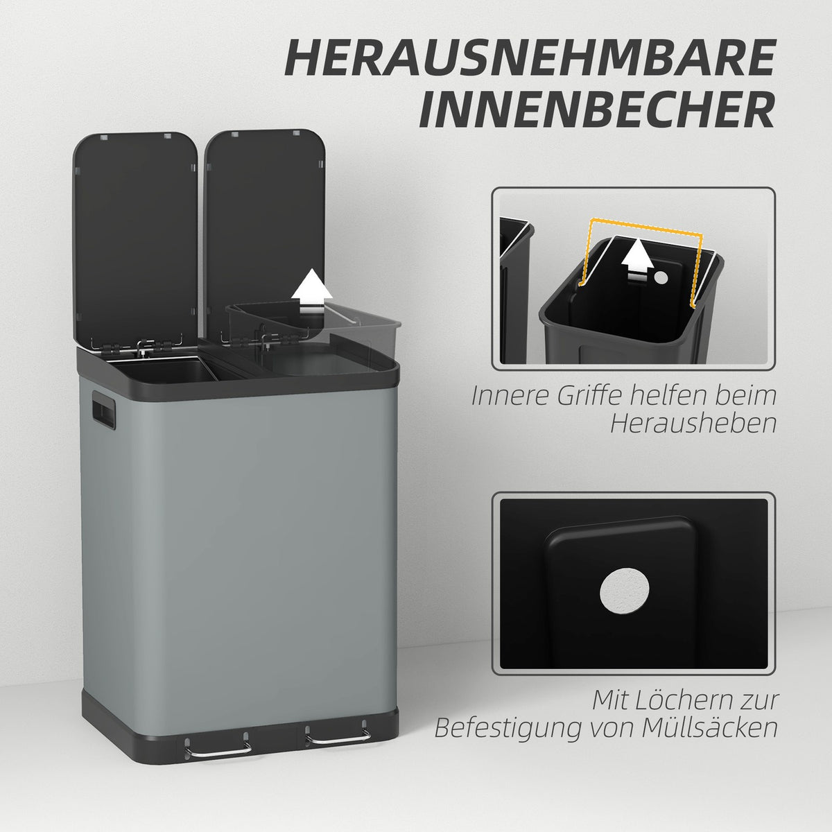Rubbish bin 2x30L pedal bin cosmetic bin with lid and foot pedal, metal rubbish bin with inner bin for living room and office, 48.8x39.5x67cm