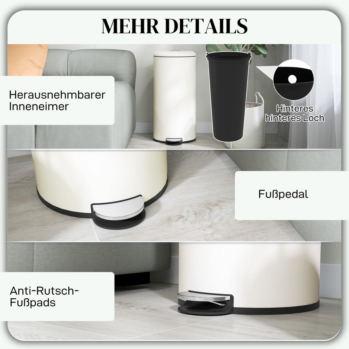 Rubbish bin 30L pedal bin, cosmetic bin, waste bin with lid and foot pedal, rubbish bin with inner bin, for living room, office, metal, 36 x 30 x 63.5 cm