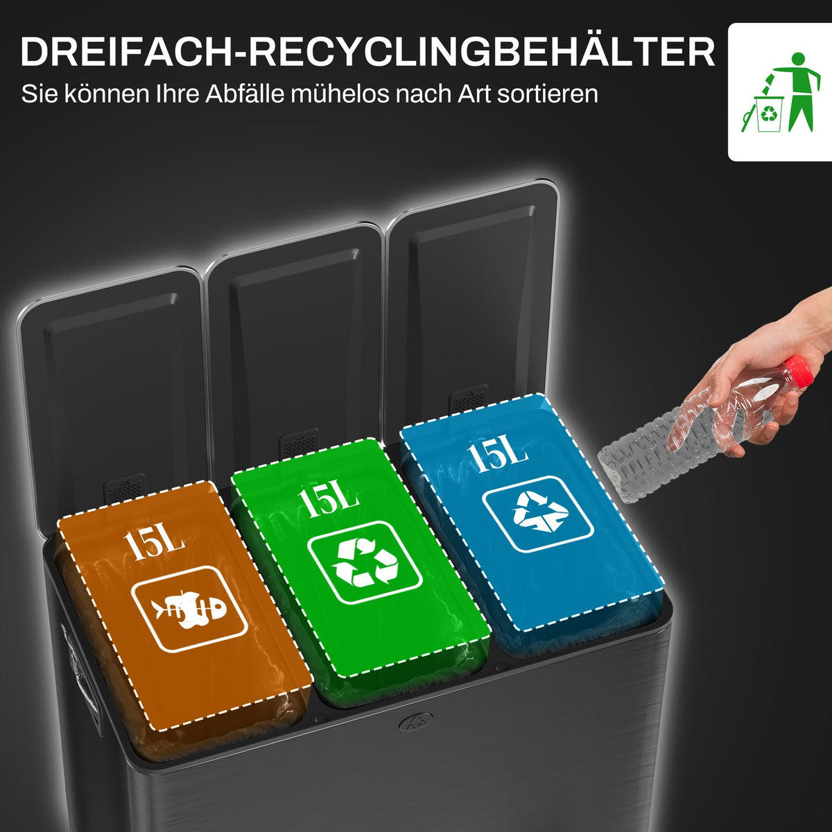 Rubbish bin 3 x 15L pedal bin with lid and foot pedal, stainless steel waste bin with inner bin for living room and office 61.9 x 36.6 x 43.2 cm