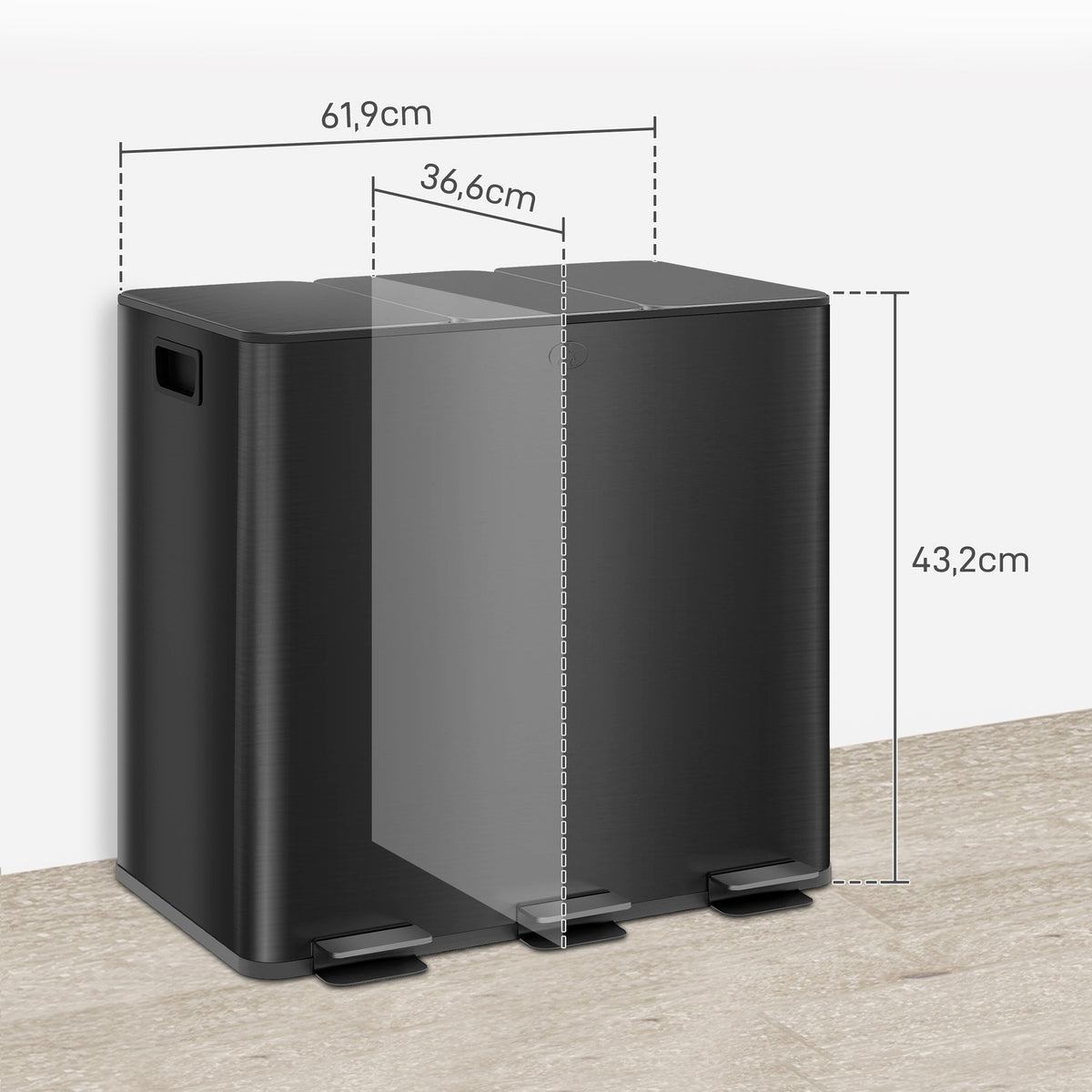 Rubbish bin 3 x 15L pedal bin with lid and foot pedal, stainless steel waste bin with inner bin for living room and office 61.9 x 36.6 x 43.2 cm