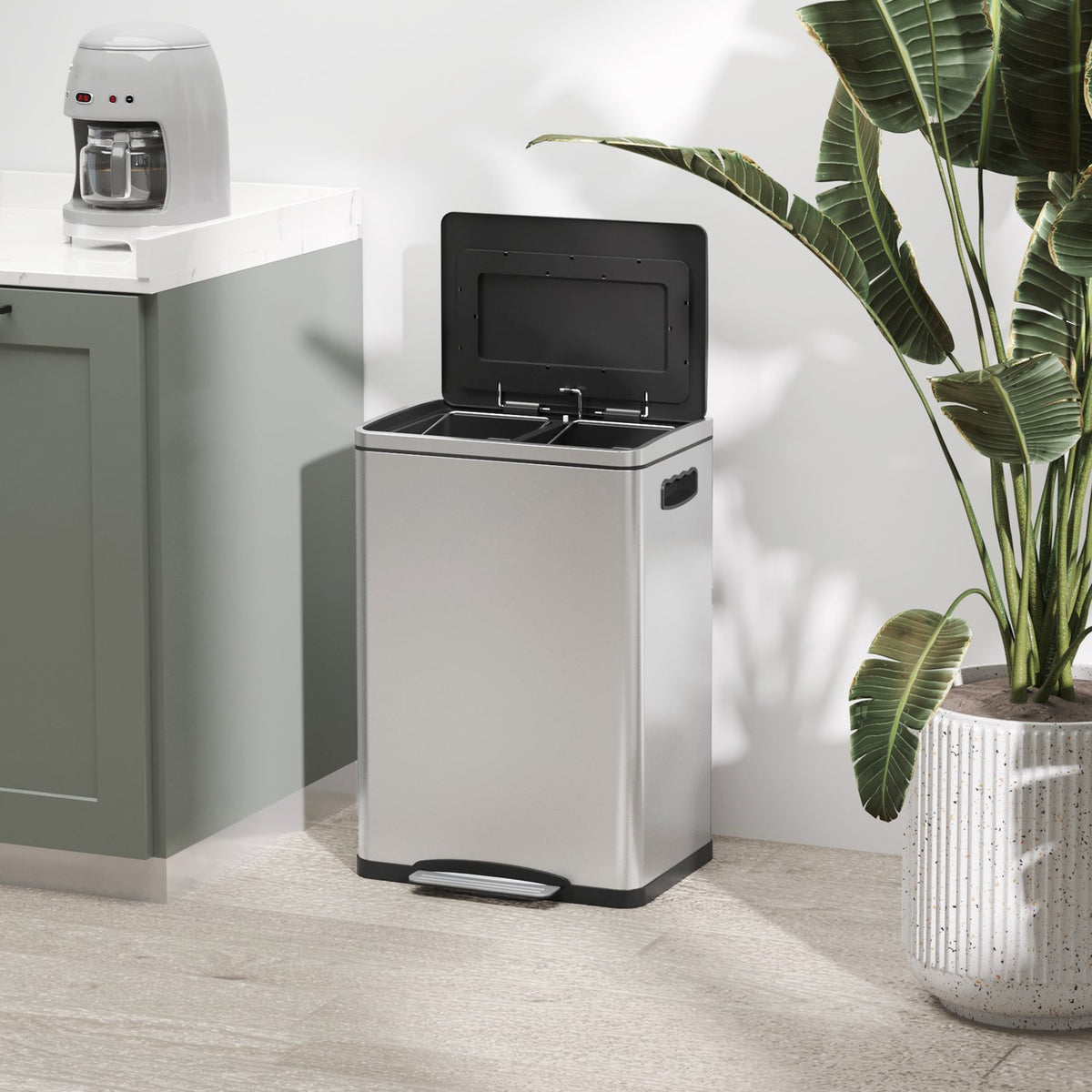Rubbish bin 40L pedal bin with lid and foot pedal, rubbish bin with 2 inner bins, soft close function for living room, office, stainless steel, silver, 40 x 34.8 x 59 cm |