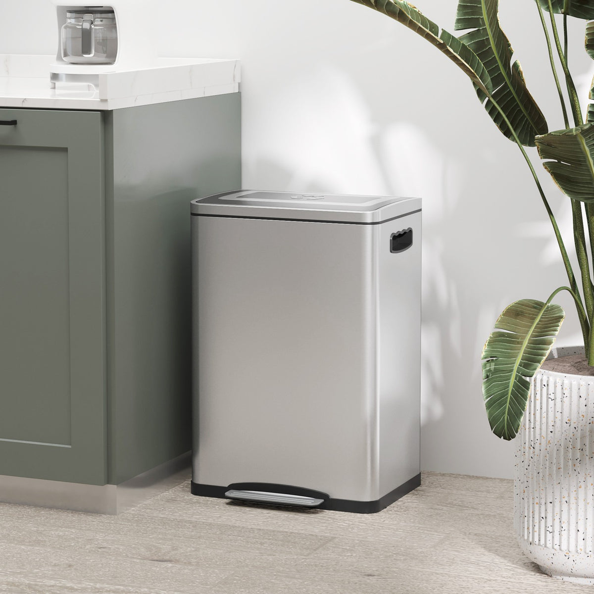 Rubbish bin 40L pedal bin with lid and foot pedal, rubbish bin with 2 inner bins, soft close function for living room, office, stainless steel, silver, 40 x 34.8 x 59 cm |