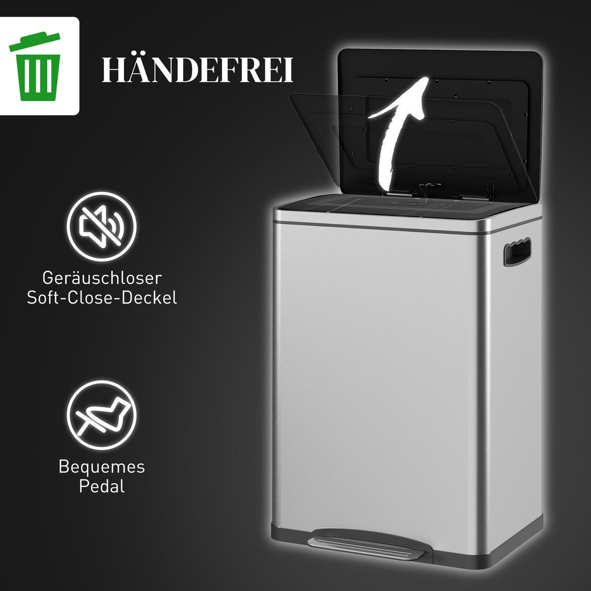 Rubbish bin 40L pedal bin with lid and foot pedal, rubbish bin with 2 inner bins, soft close function for living room, office, stainless steel, silver, 40 x 34.8 x 59 cm |
