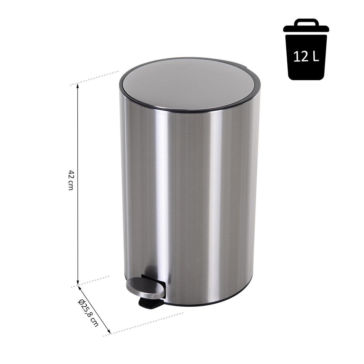 Rubbish bin, pedal bin with inner bin, 12 L, soft closing, stainless steel, PP, diameter 25.8 x H42 cm
