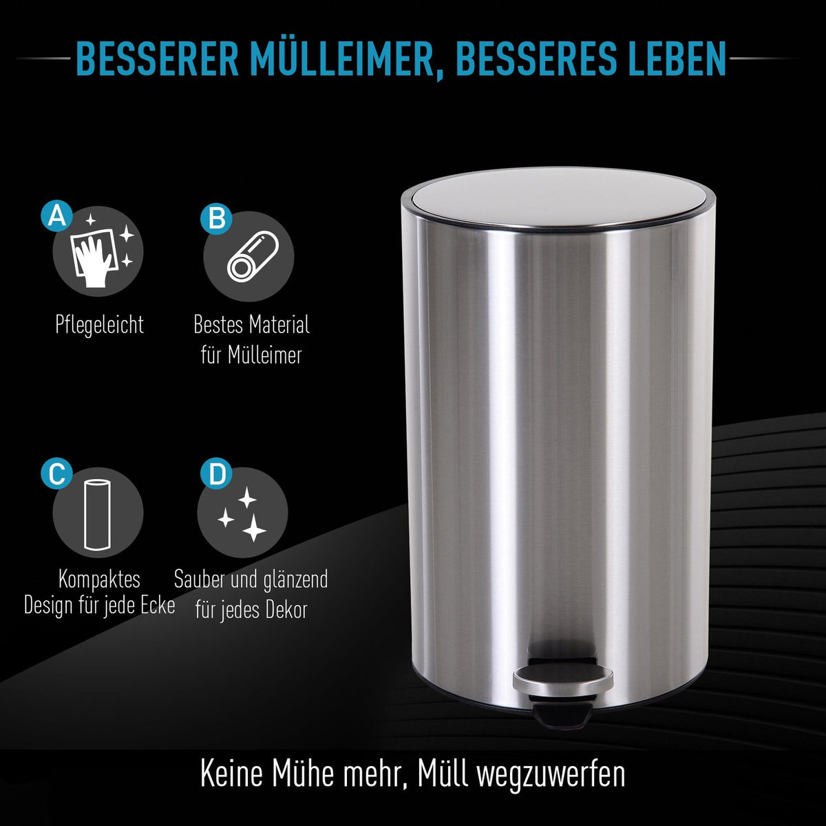 Rubbish bin, pedal bin with inner bin, 12 L, soft closing, stainless steel, PP, diameter 25.8 x H42 cm