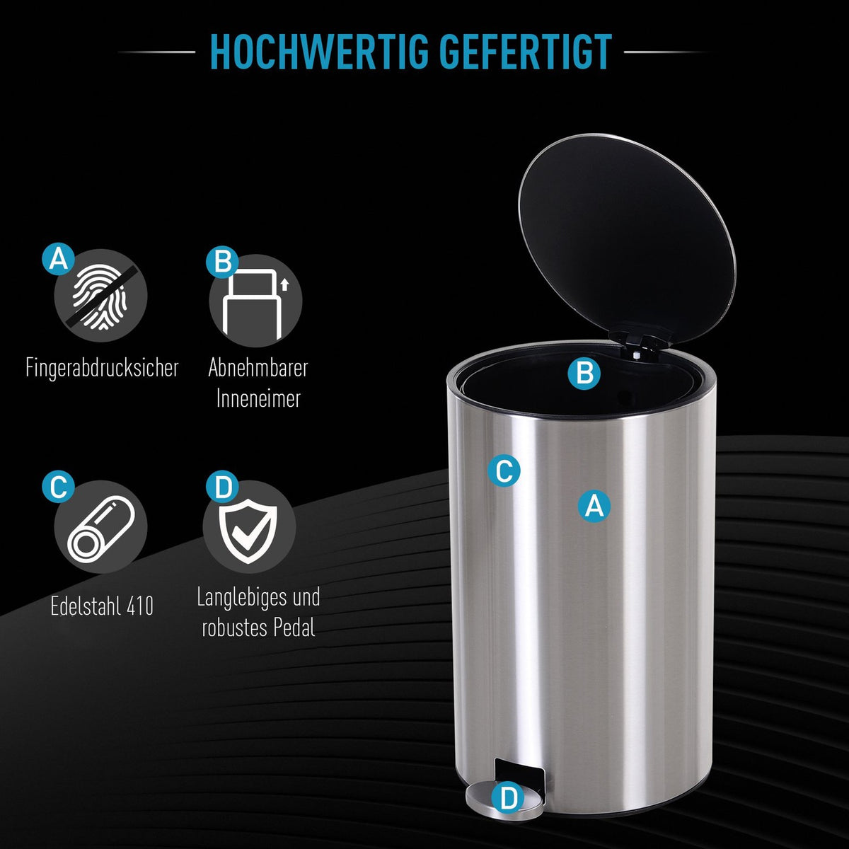 Rubbish bin, pedal bin with inner bin, 12 L, soft closing, stainless steel, PP, diameter 25.8 x H42 cm