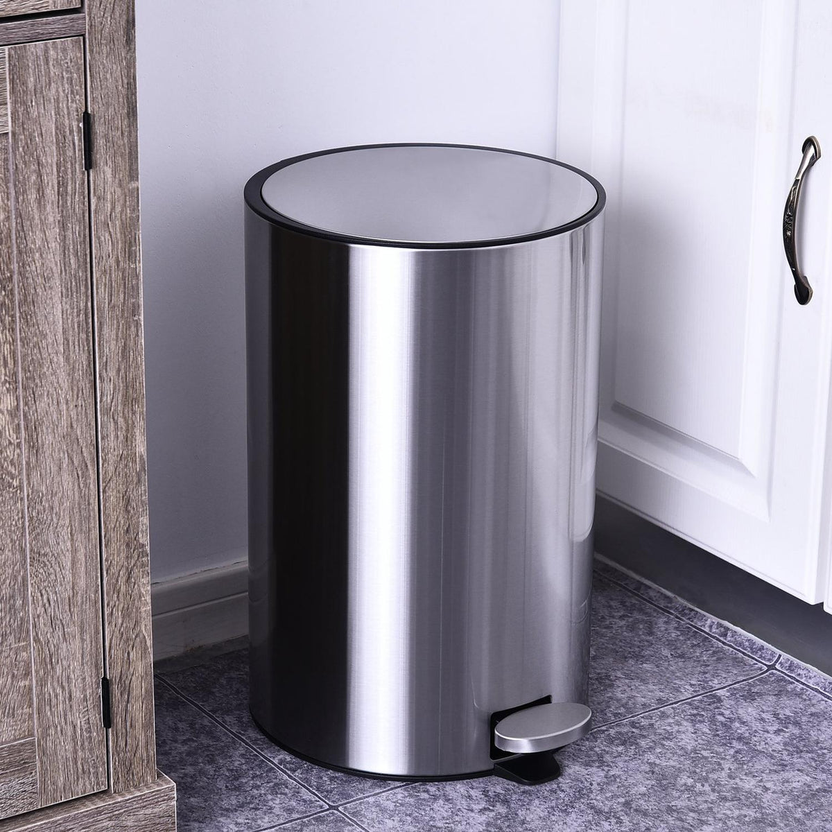 Rubbish bin, pedal bin with inner bin, 12 L, soft closing, stainless steel, PP, diameter 25.8 x H42 cm