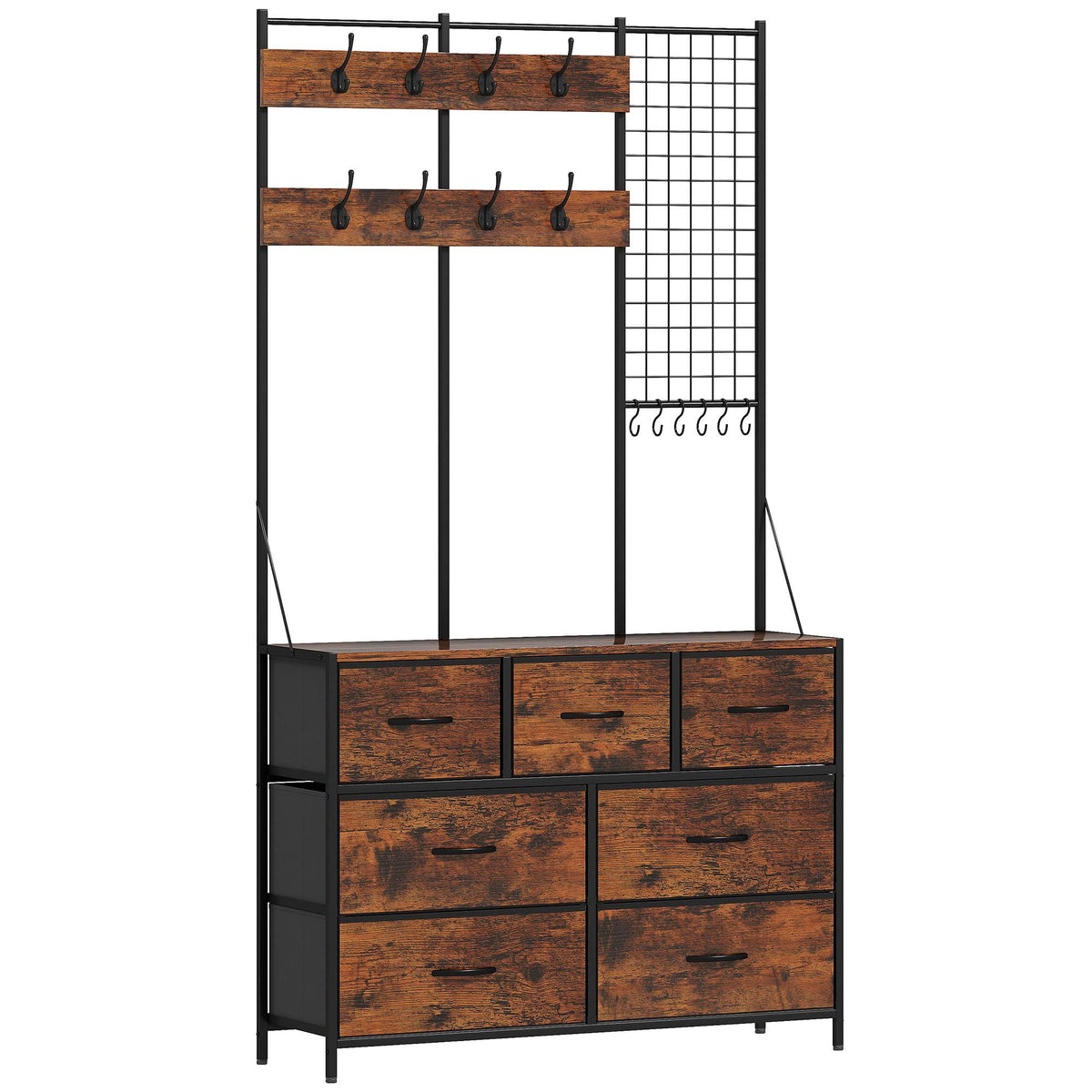 Rustic Brown Coat Rack with 14 Hooks and Fabric Drawers