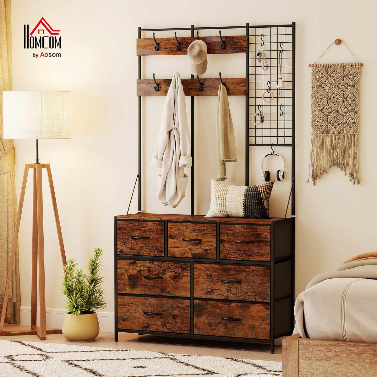 Rustic Brown Coat Rack with 14 Hooks and Fabric Drawers