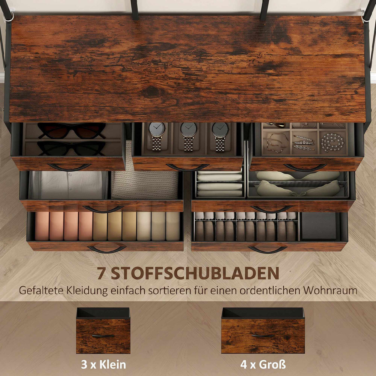 Rustic Brown Coat Rack with 14 Hooks and Fabric Drawers