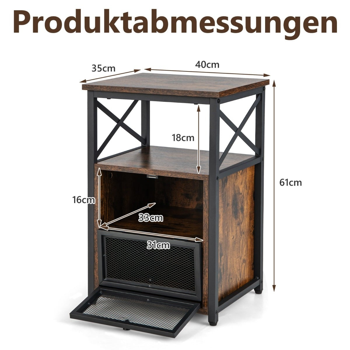Rustic Brown Side Table with Shelves and Drawers