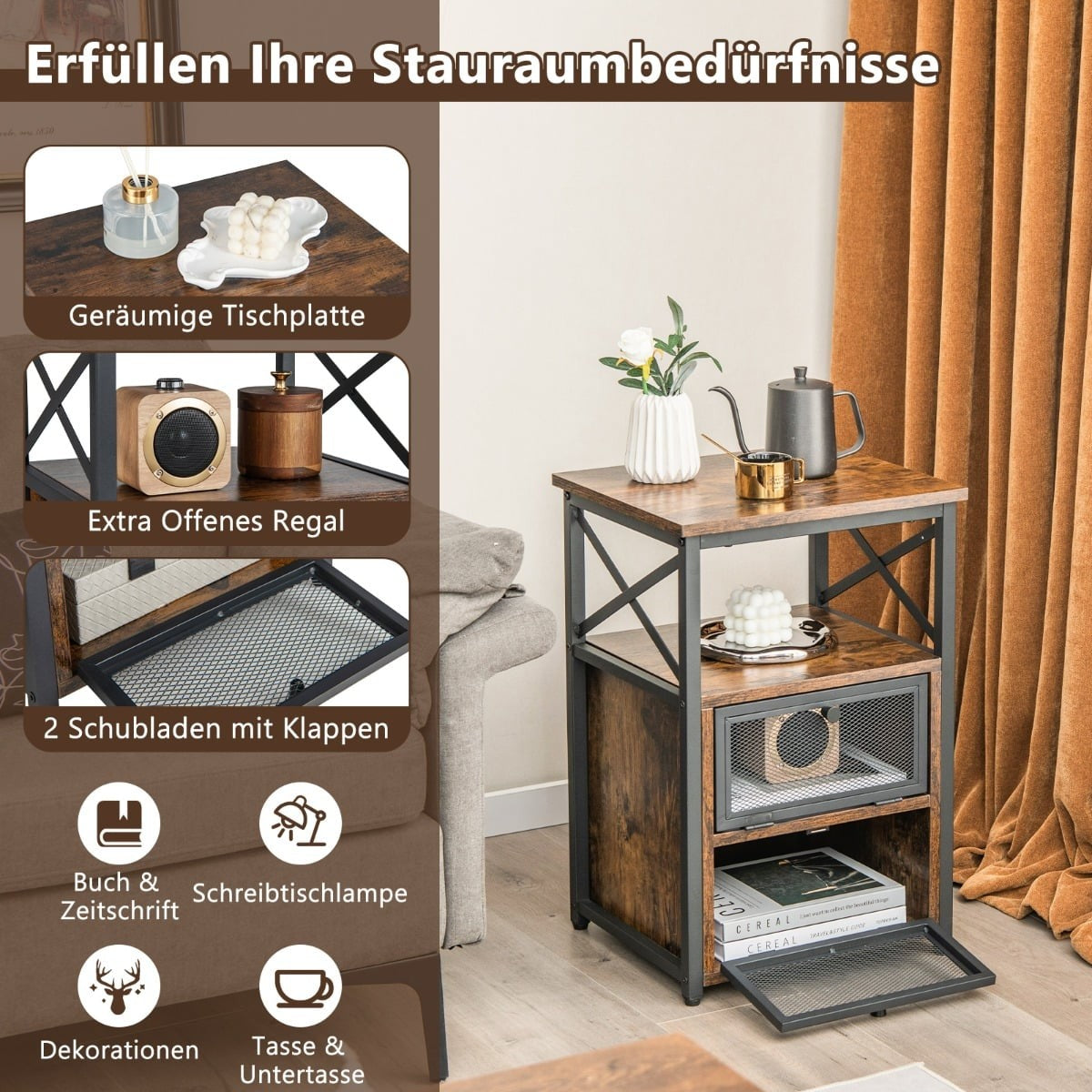 Rustic Brown Side Table with Shelves and Drawers