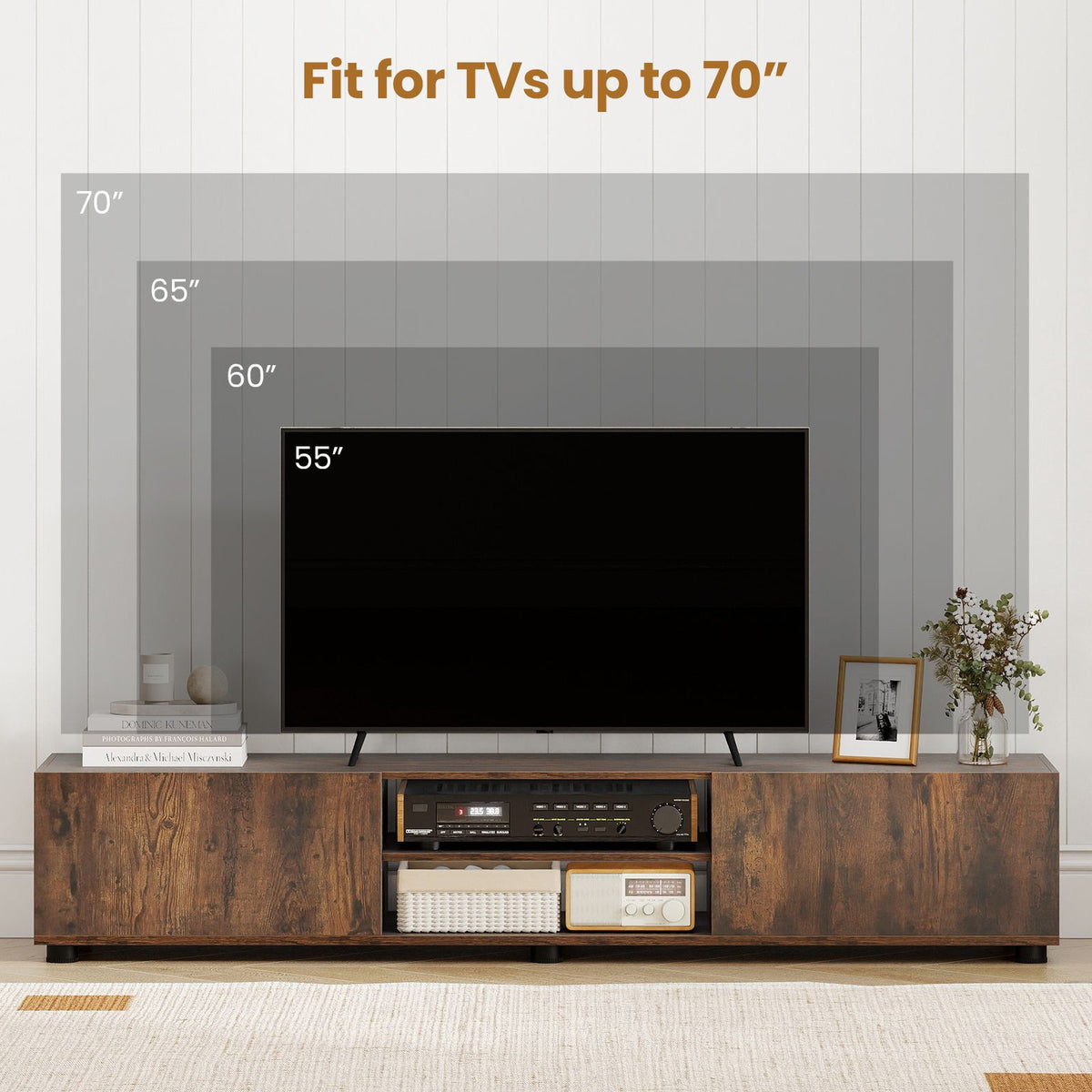 Rustic Brown TV Stand for 70" Screens with Storage Shelves