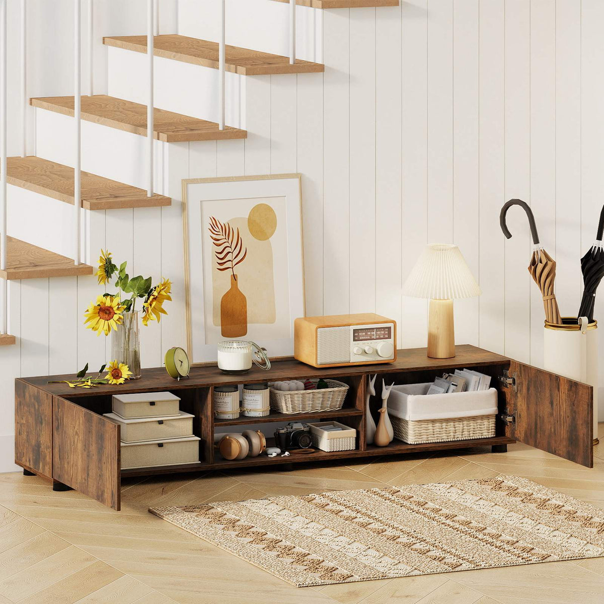 Rustic Brown TV Stand for 70" Screens with Storage Shelves
