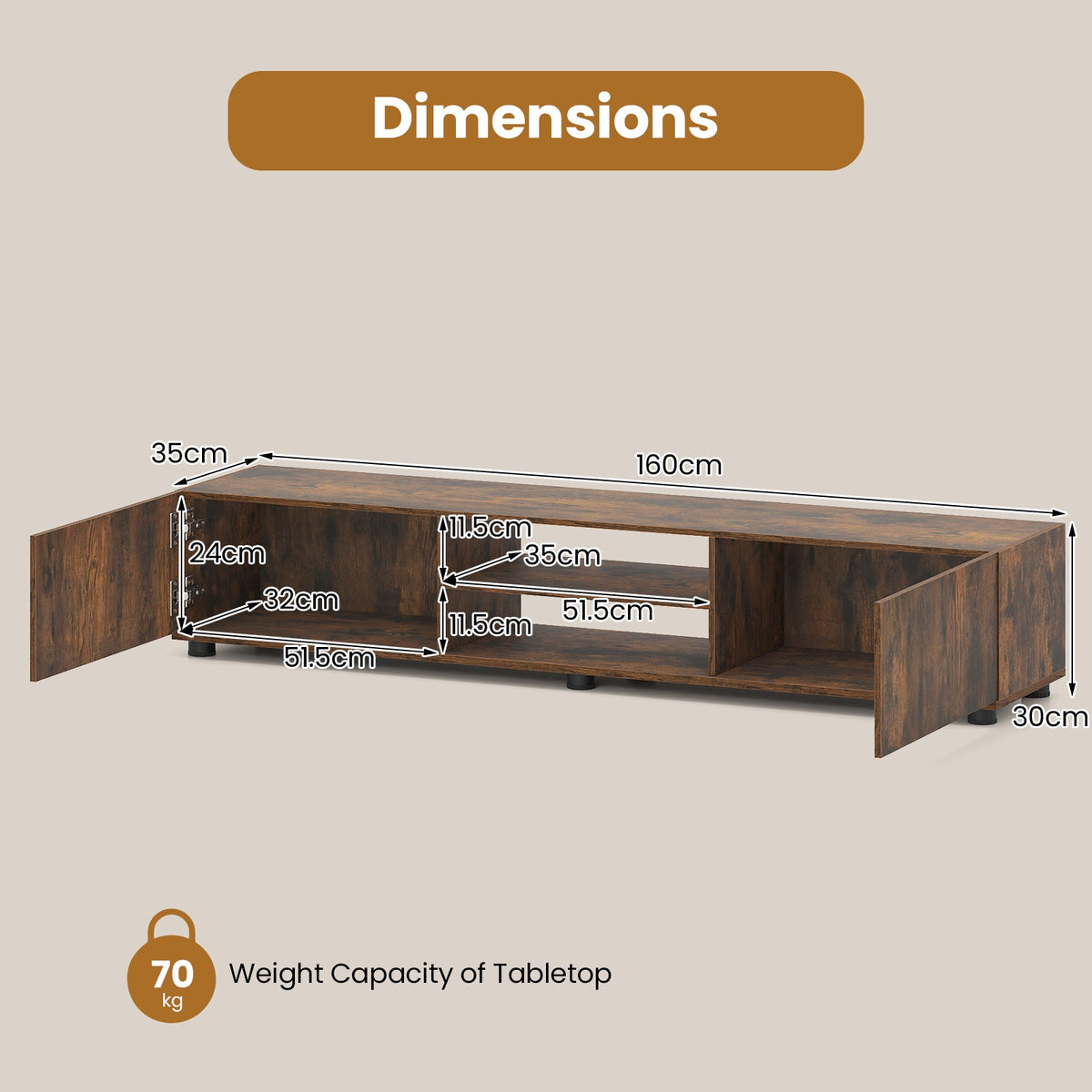 Rustic Brown TV Stand for 70" Screens with Storage Shelves