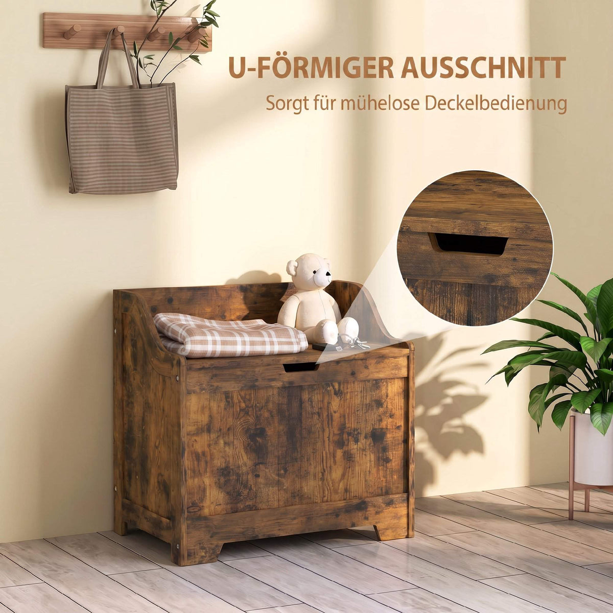 Rustic Brown Wooden Storage Chest with Safety Hinge
