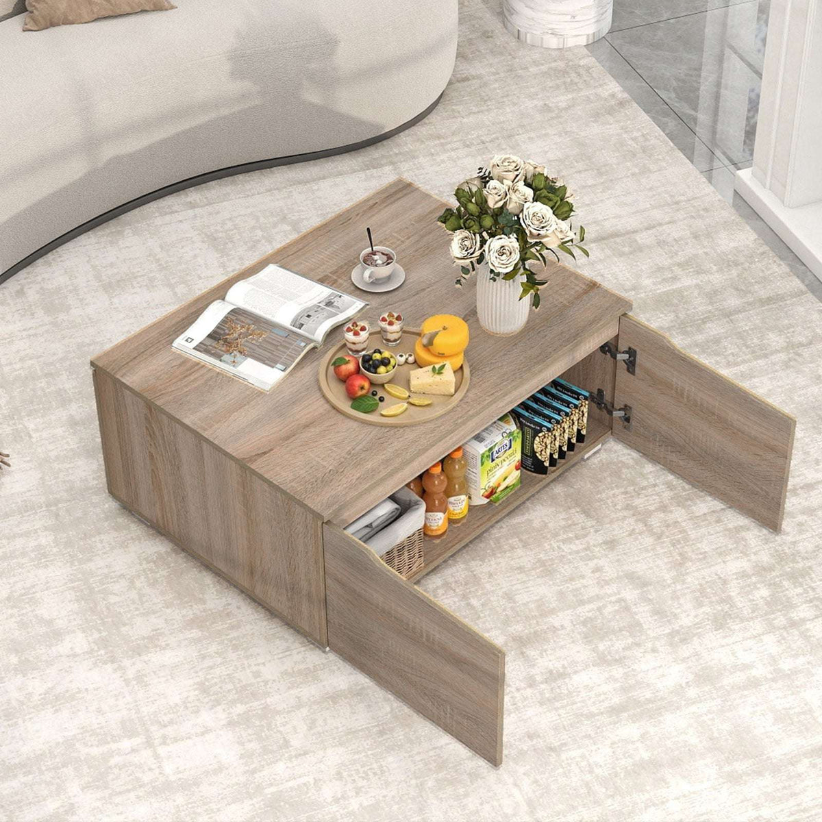 Rustic Coffee Table with Hidden Storage, 4 Doors, Oak
