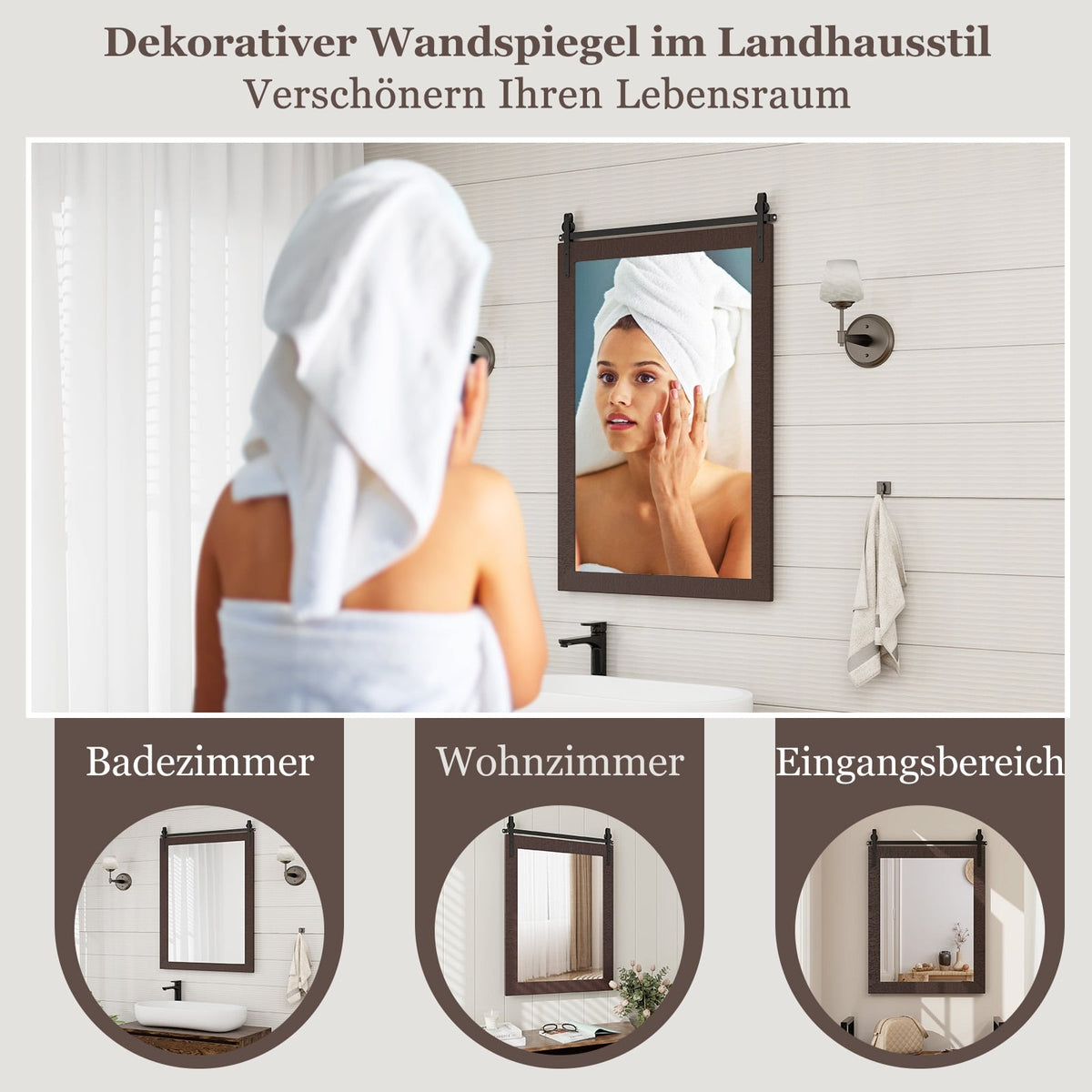 Rustic Rectangular Wall Mirror, Solid Wood Frame, 76x56 cm