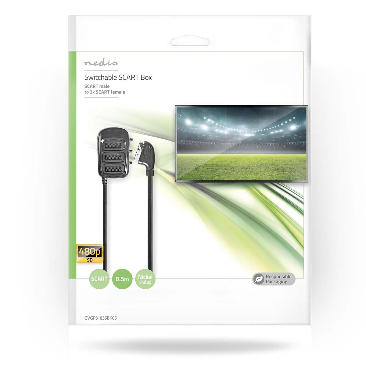 SCART Switchbox | SCART Male | 3x SCART Female | Nickel Plated | Maximum resolution: 1024x576 | 0.50 m | Round | PVC | Black | Envelope