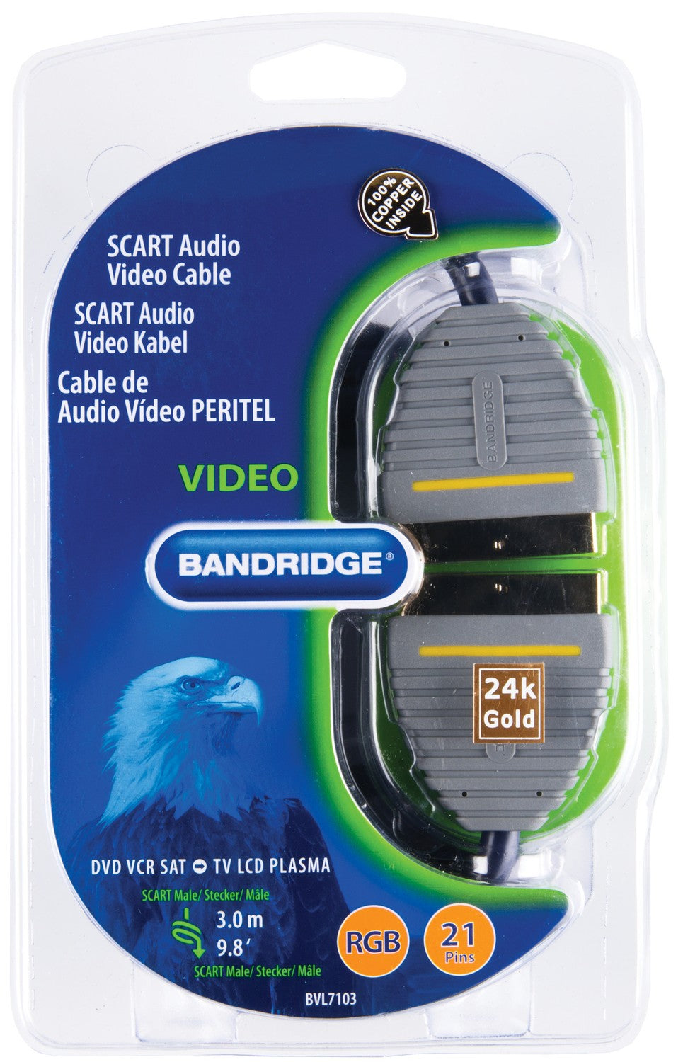 SCART cable SCART male - SCART male 3.00 m Blue