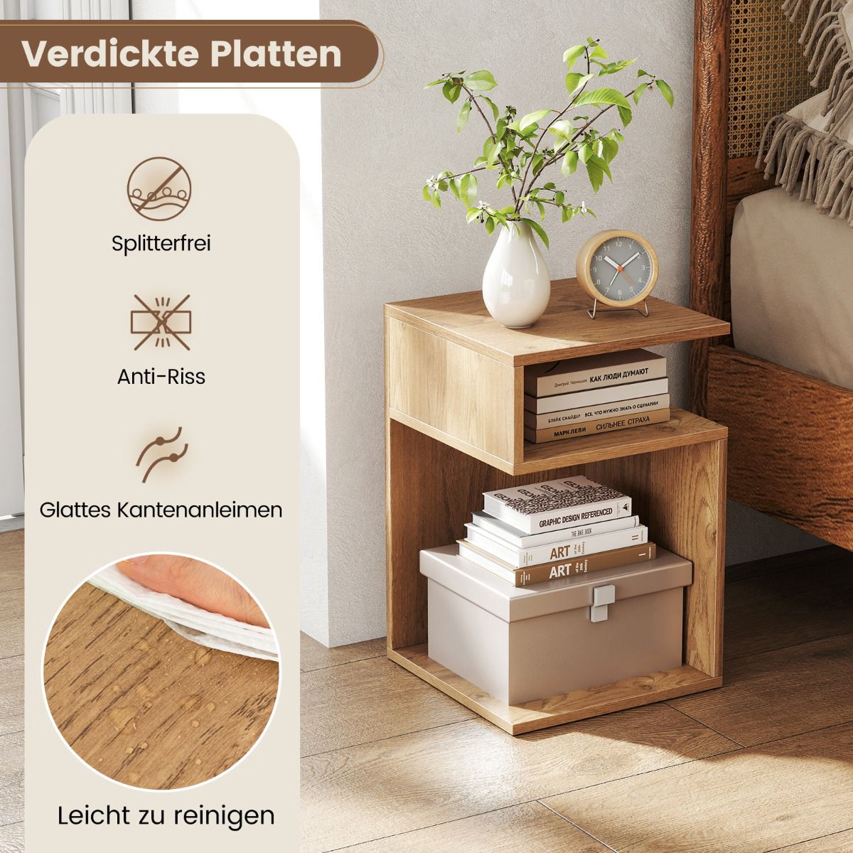 S-Shaped Side Table with 2 Open Shelves, Natural Wood