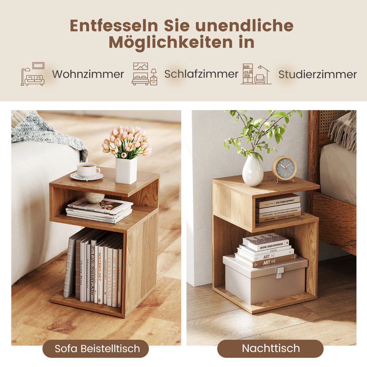 S-Shaped Side Table with 2 Open Shelves, Natural Wood