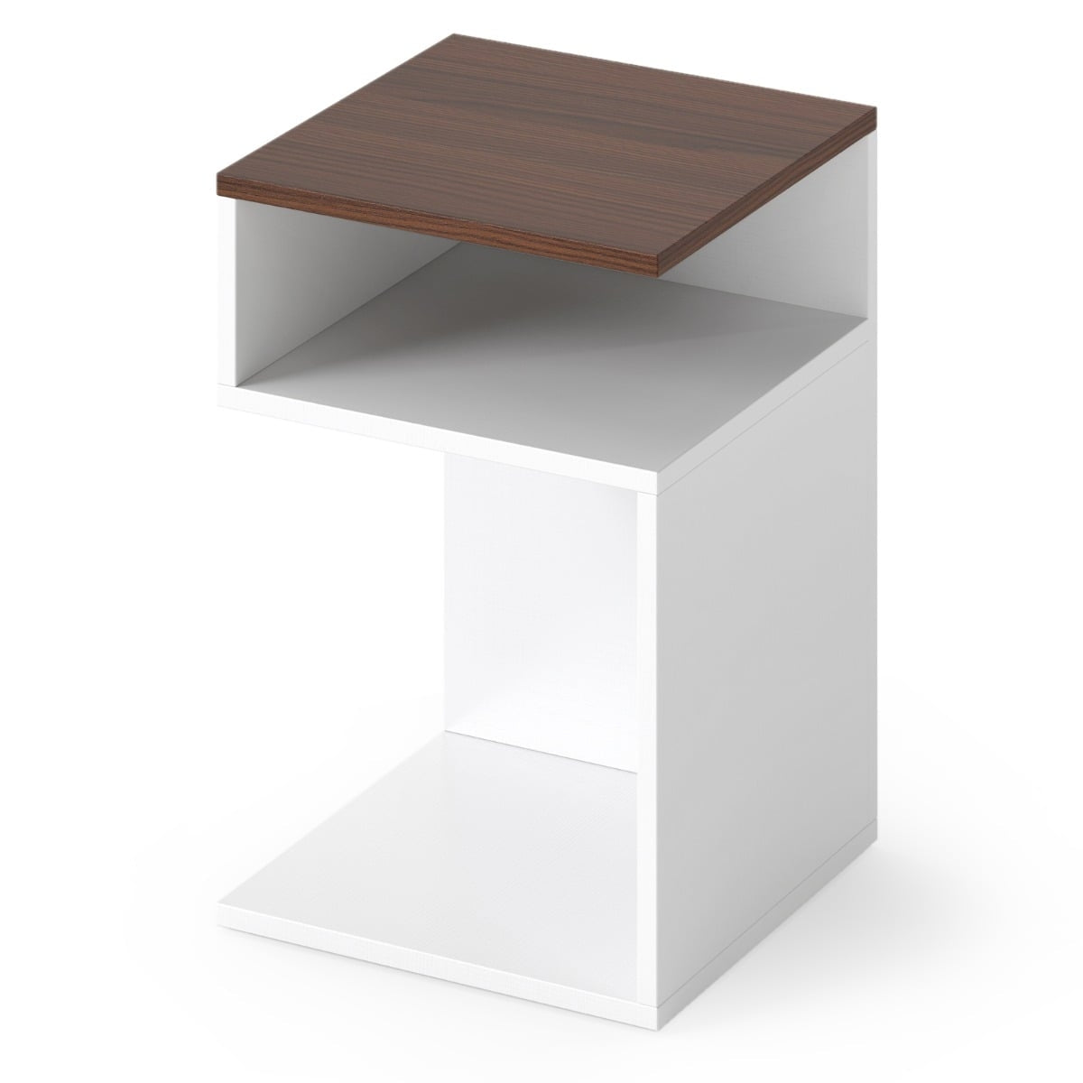 S-Shaped Side Table with 2 Open Shelves, White/Walnut