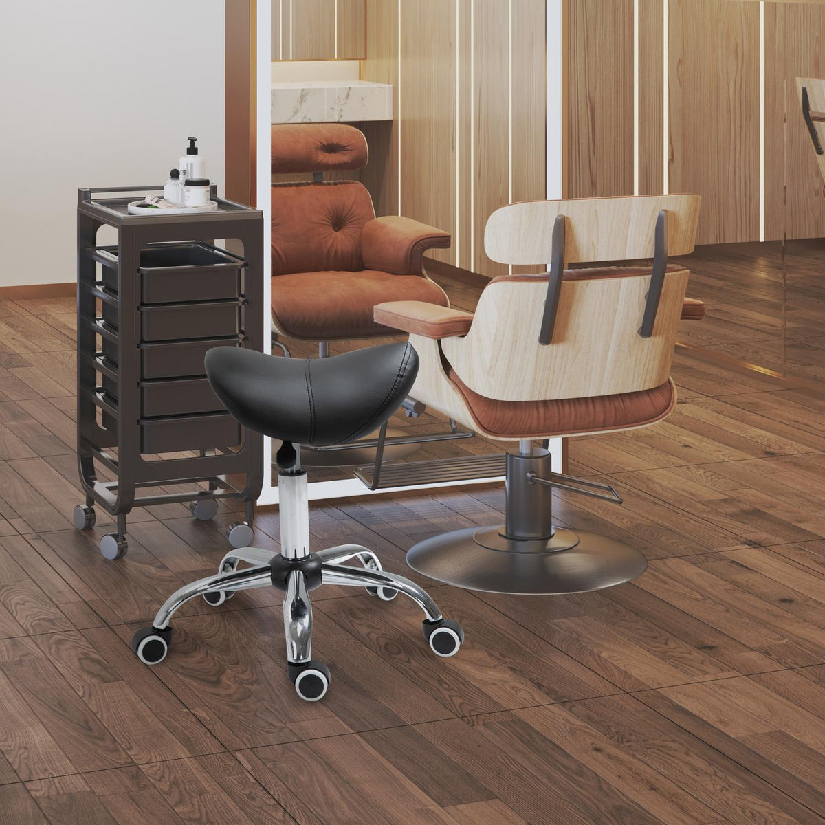 Saddle stool, work stool, swivel chair, rolling stool, cosmetic stool, padded, height-adjustable (black)