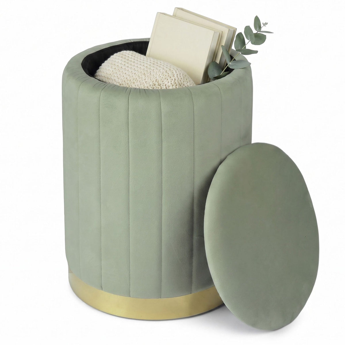 Sage Velvet Storage Stool with Gold Metal Base