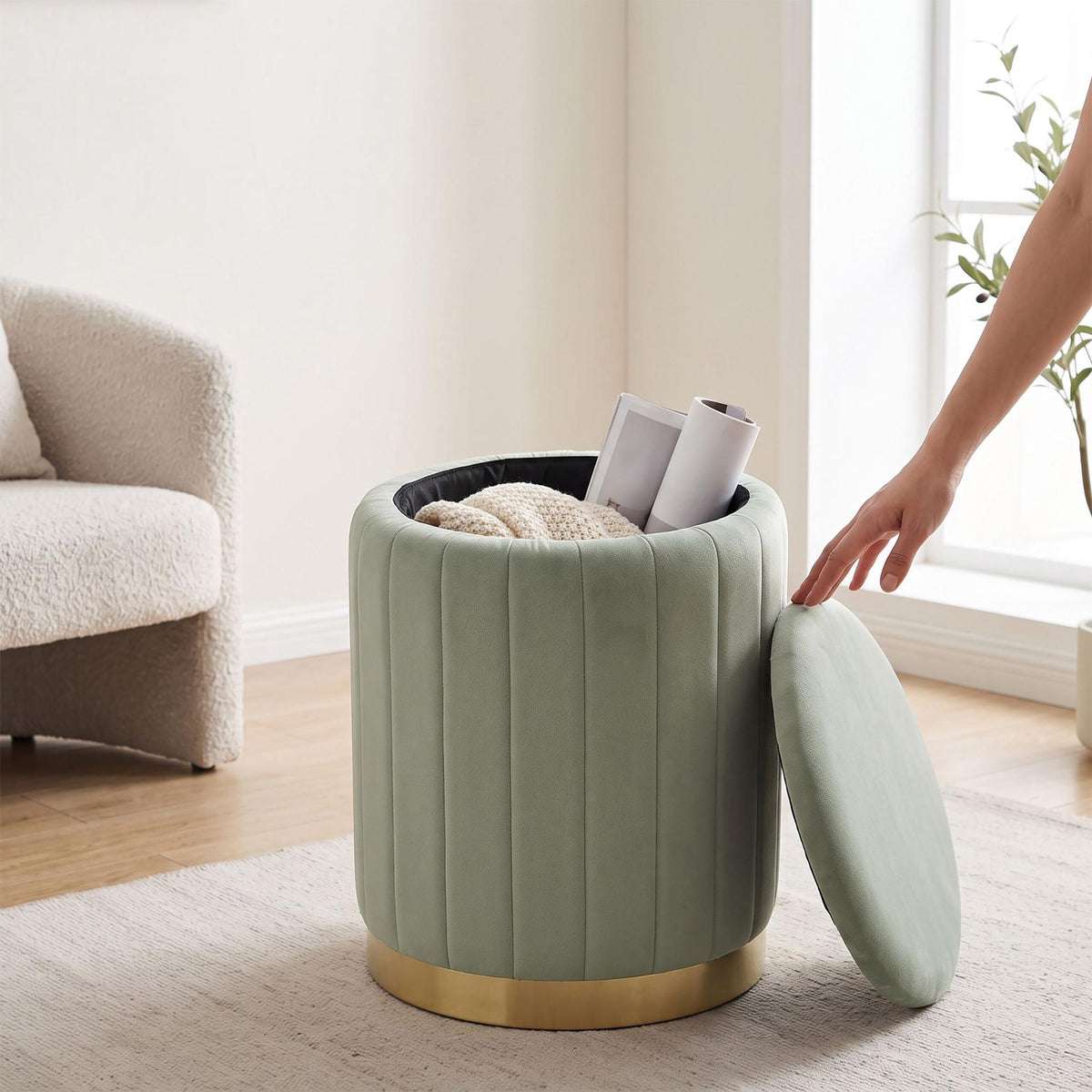 Sage Velvet Storage Stool with Gold Metal Base