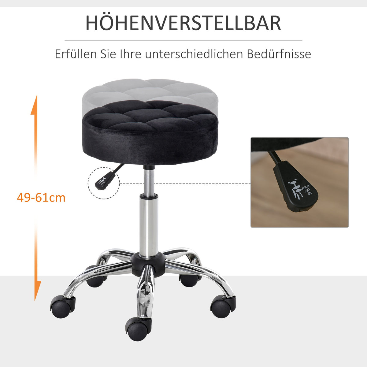 Salon Chair with Wheels Rolling Stool Height Adjustable Swivel Salon Stool Velvet Touch Foam Chrome Base Black 35 x 35 x 49-61 cm
