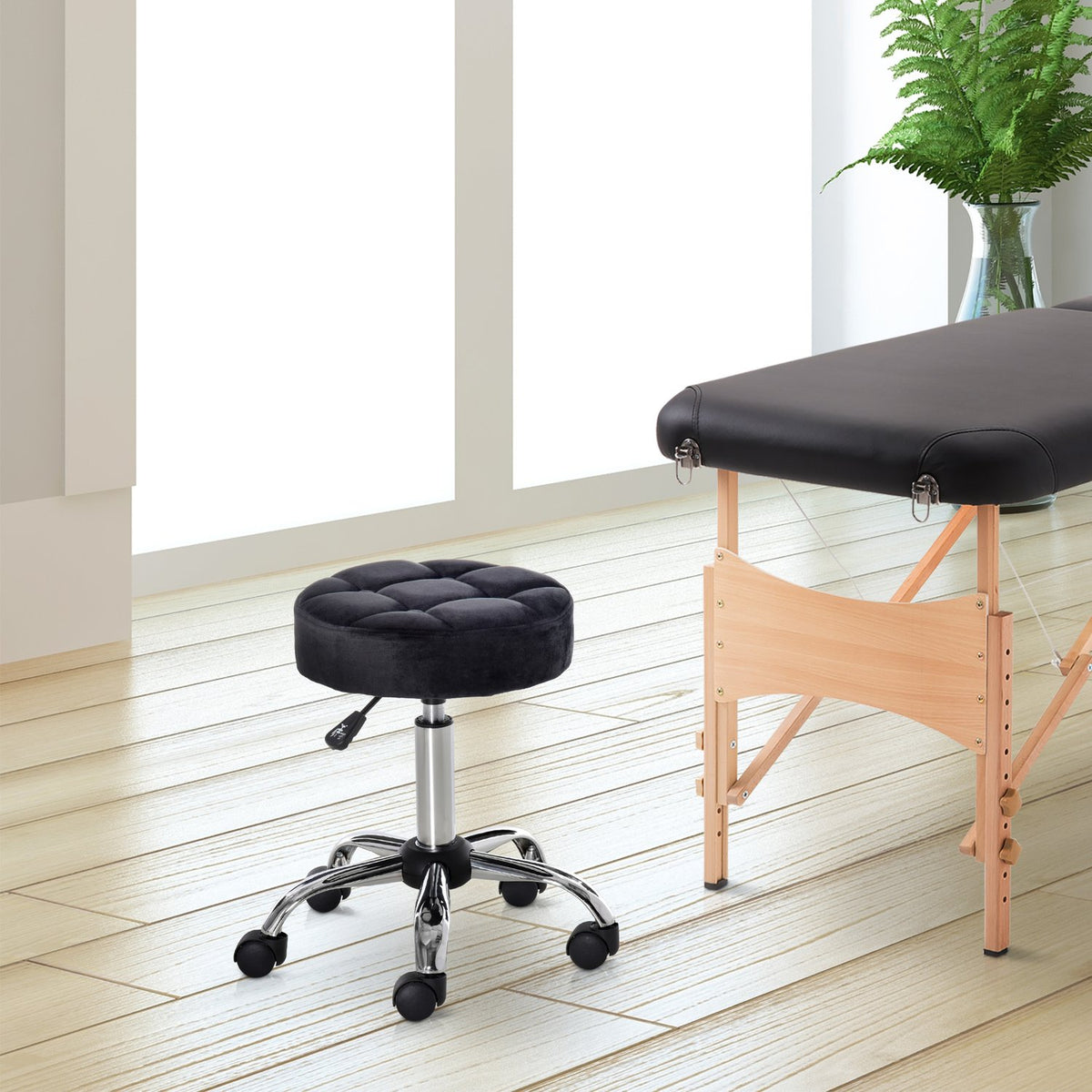 Salon Chair with Wheels Rolling Stool Height Adjustable Swivel Salon Stool Velvet Touch Foam Chrome Base Black 35 x 35 x 49-61 cm