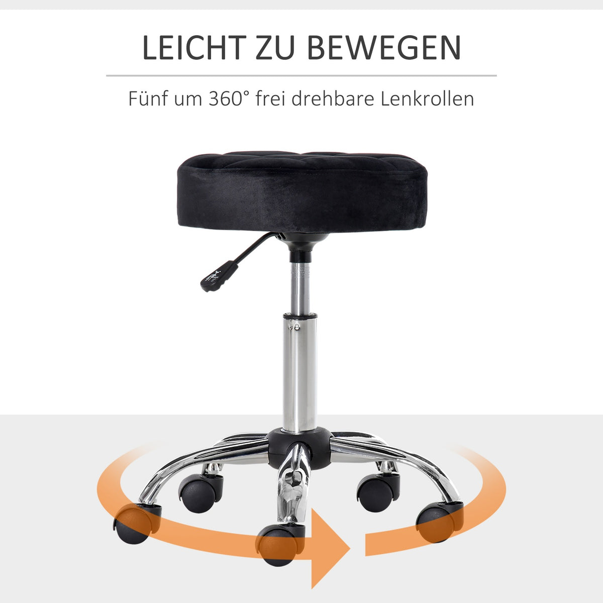 Salon Chair with Wheels Rolling Stool Height Adjustable Swivel Salon Stool Velvet Touch Foam Chrome Base Black 35 x 35 x 49-61 cm