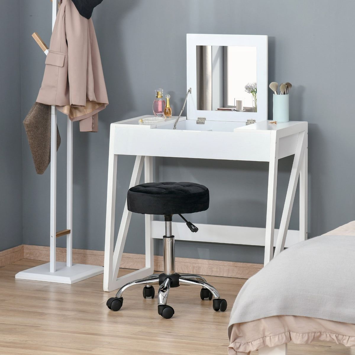 Salon Chair with Wheels Rolling Stool Height Adjustable Swivel Salon Stool Velvet Touch Foam Chrome Base Black 35 x 35 x 49-61 cm