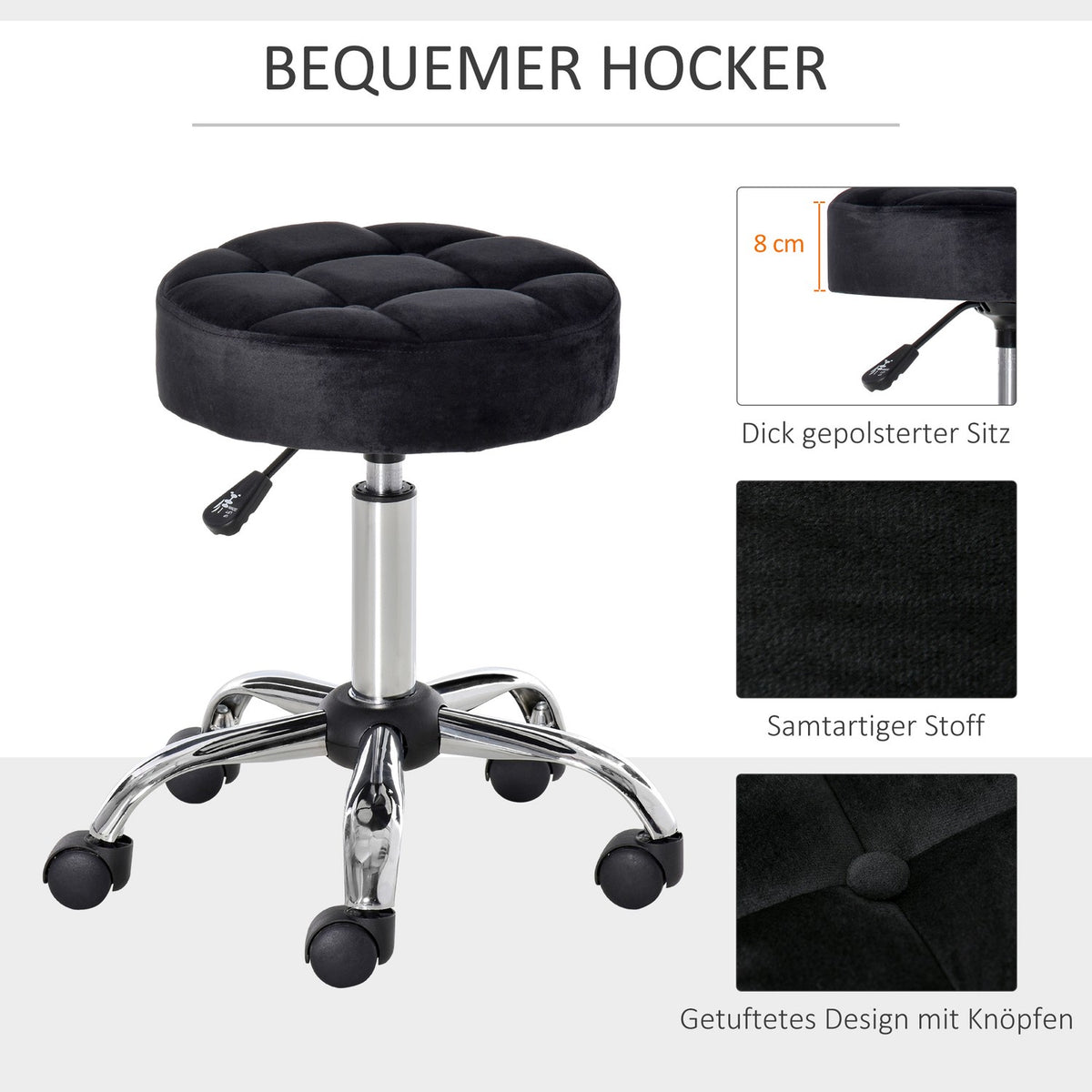Salon Chair with Wheels Rolling Stool Height Adjustable Swivel Salon Stool Velvet Touch Foam Chrome Base Black 35 x 35 x 49-61 cm