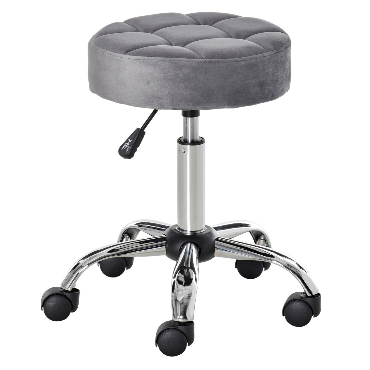Salon chair with wheels rolling stool height adjustable, swivel, velvet touch, chrome base, gray, 35x35x49-61cm