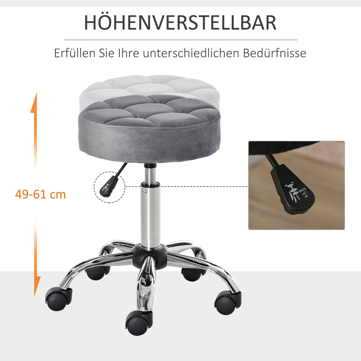 Salon chair with wheels rolling stool height adjustable, swivel, velvet touch, chrome base, gray, 35x35x49-61cm