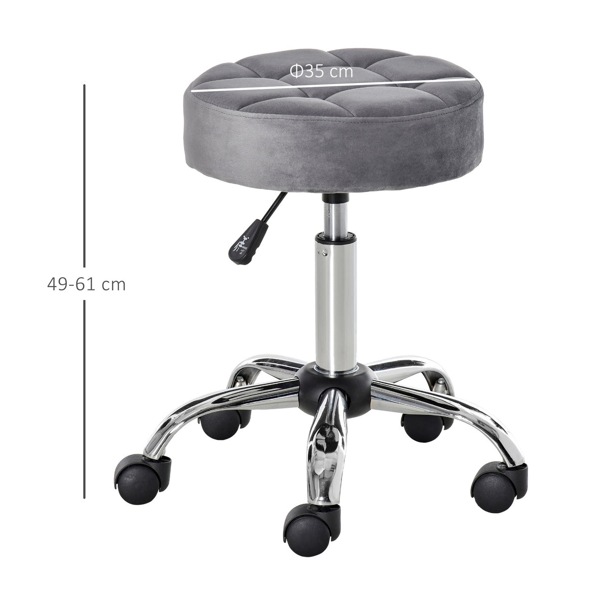 Salon chair with wheels rolling stool height adjustable, swivel, velvet touch, chrome base, gray, 35x35x49-61cm