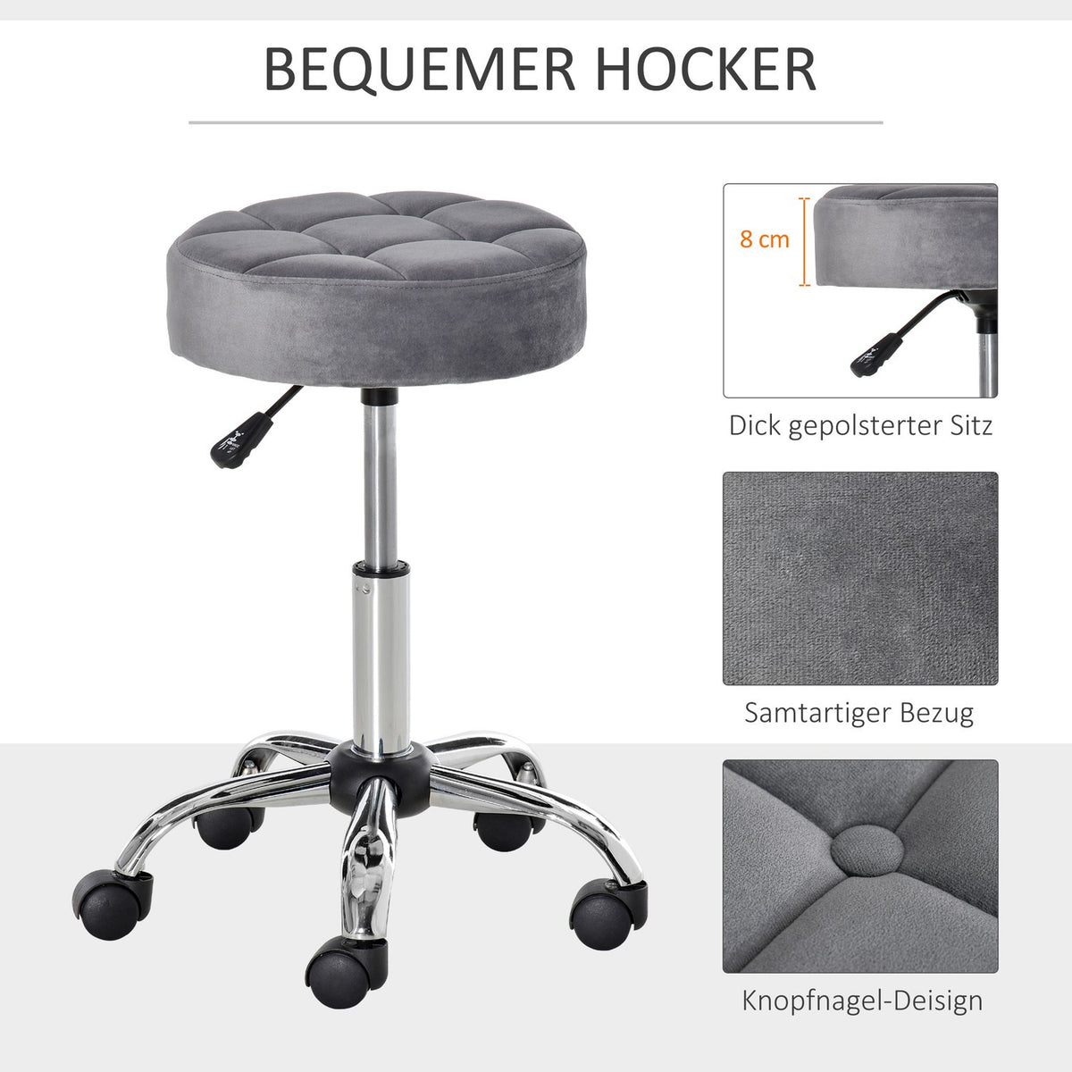Salon chair with wheels rolling stool height adjustable, swivel, velvet touch, chrome base, gray, 35x35x49-61cm