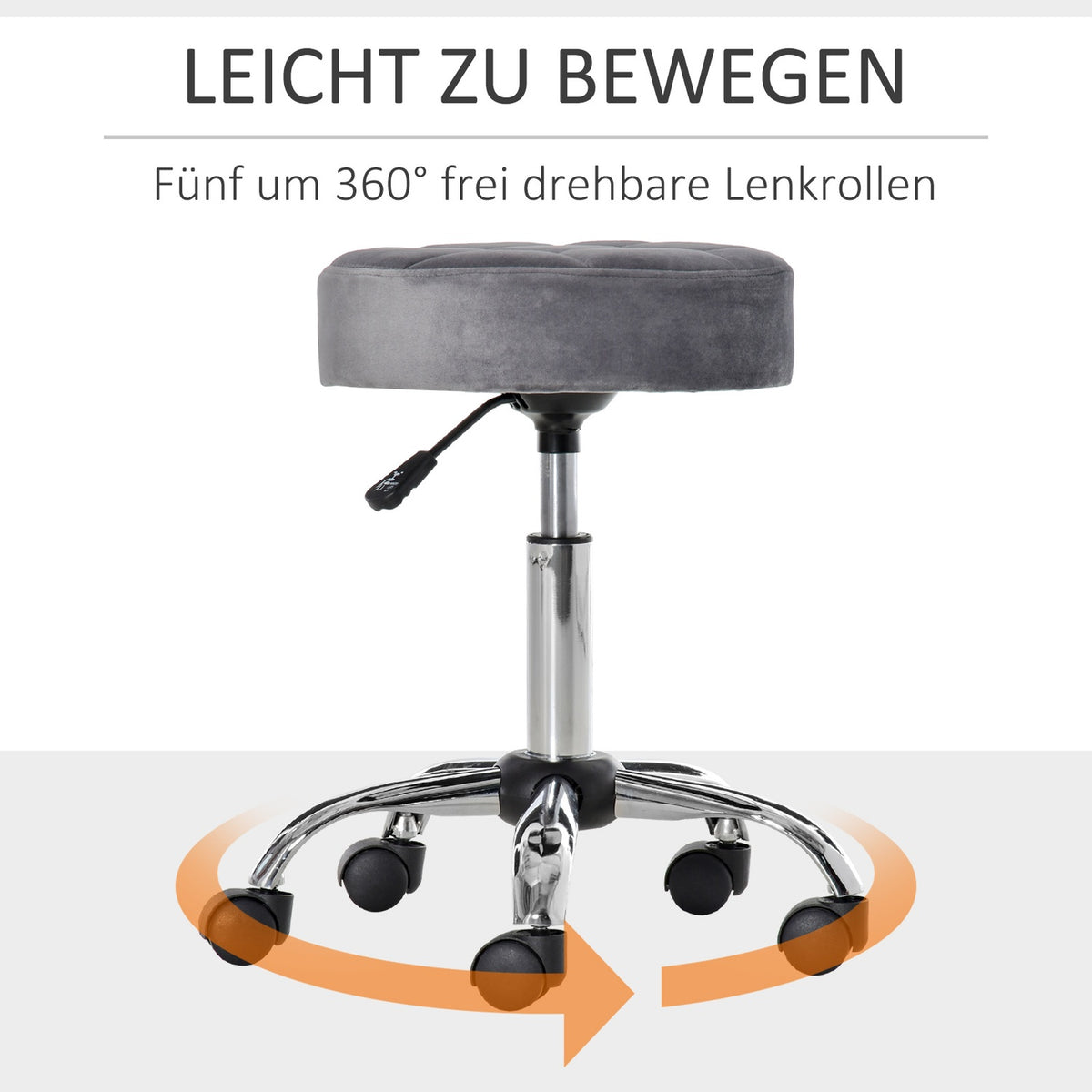 Salon chair with wheels rolling stool height adjustable, swivel, velvet touch, chrome base, gray, 35x35x49-61cm