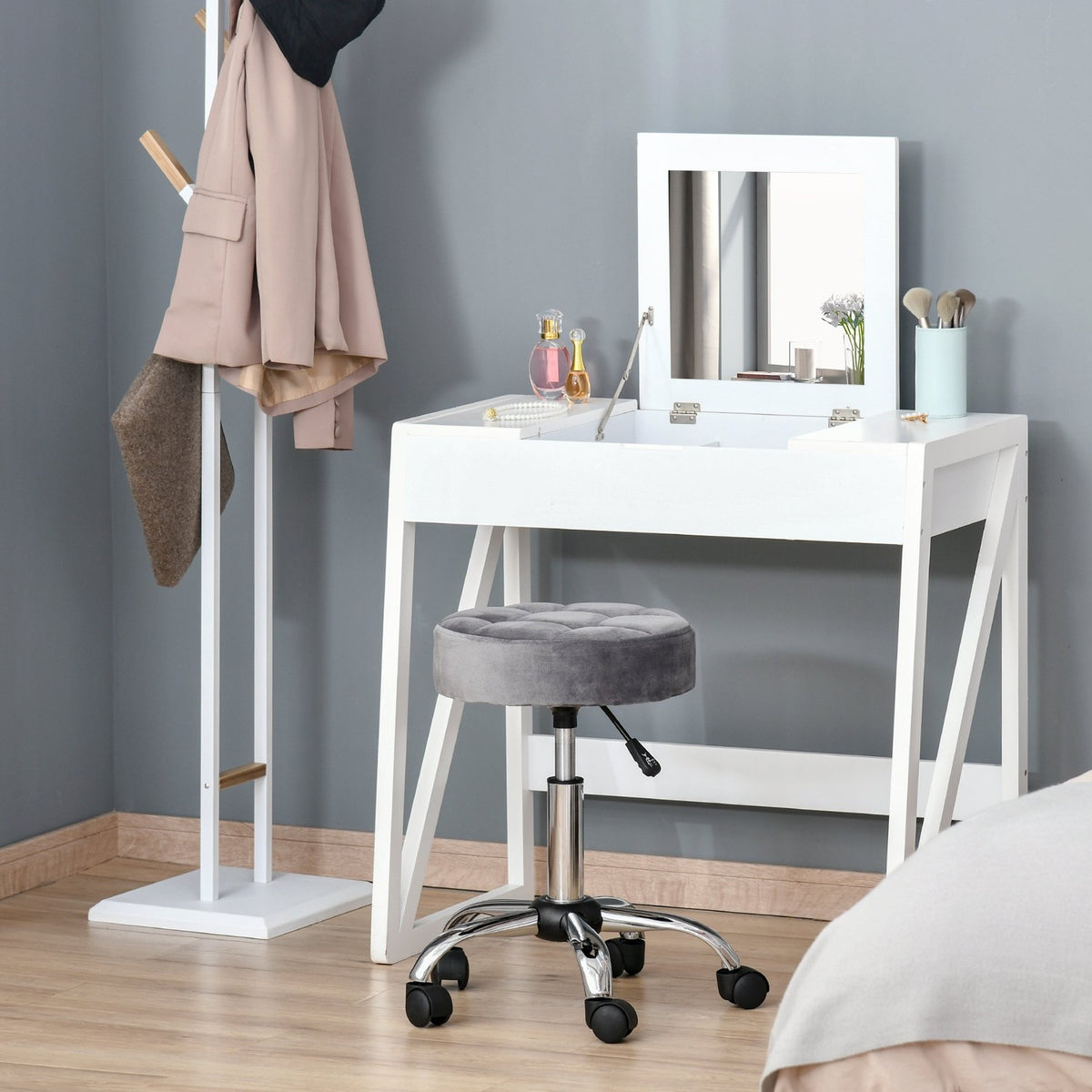 Salon chair with wheels rolling stool height adjustable, swivel, velvet touch, chrome base, gray, 35x35x49-61cm
