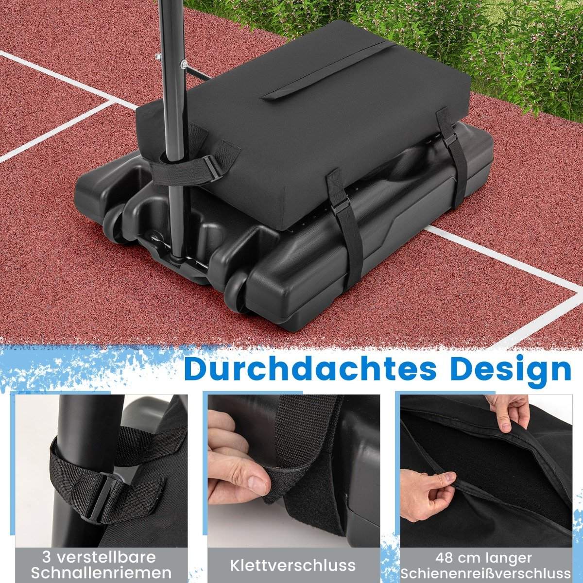 Sandbag for basketball hoop stands up to 136 kg of sand made of black Oxford fabric